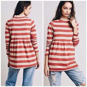 NWT Free People Mod Striped Babydoll Mock Neck Tunic Shirt Top Cayenne XS